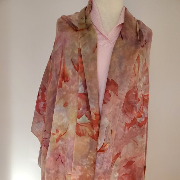 NEW XL merino wool oversized scarf wrap flower painted red pink blue brown gray - Picture 9 of 15